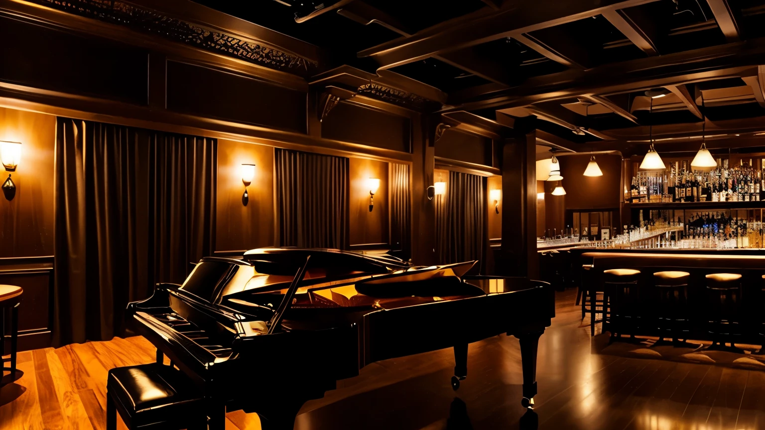 "A dimly lit jazz bar with warm, amber lights casting soft shadows on polished wood. The stage is set with a grand piano, double bass, and saxophone, ready to bring the night to life."