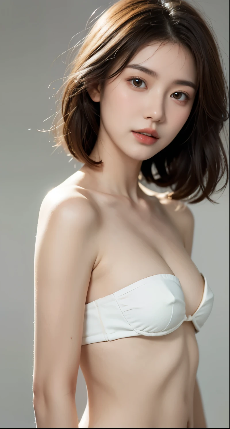 Beautiful woman with perfect figure:1.4，Ultra-high resolution，White Background，（Real：1.4），Layered Hairstyles，White skin，strapless micro bikini:1.5，whole body，Extremely delicate facial and skin texture，double eyelid，Skin whitening，short hair，Gray Hair