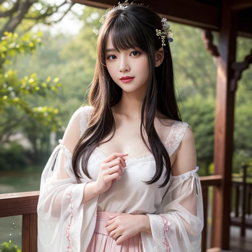 best quality, Delicate face,beautiful visual work, lifelike, eternity, black hair, Long curly hair, blunt bangs, Smile, Detailed Background, Delicate face,blush,cold,((masterpiece))、(top quality)、8k、high detail、Super detailed,21 years old female,身穿唐制Hanfu、waist skirt, Clothes are light and fluffy,Hanfu, wide sleeves, Transparent sleeves, Tunic, Clothes made of chiffon, Seductive and whimsical style、masterpiece、born、Scenes resembling fairy tale illustrations、intricate details和複雜的設計、Beautifully、magic、capricious、 Beautifully、Dream aesthetics、「𝓡𝓸𝓶𝓪𝓷𝓽𝓲𝓬、ethereal、charming、fickle、magic」、realism、Visual effects、FXAA、SSAO、Shader、voiceless、ambient lighting、Tone mapping、High resolution、Ultra high quality、Million pixels、(8K resolution:1.10)、8k、8k以下、8K resolution、high detail、intricate details, (high quality:1.2、masterpiece:1.2、:1.21)、(21 years old female:1.21)、(興奮地Smile)、(被dream般的氛圍所包圍、Model diagram,full-body shot,Normal 2 feet,Put your hands behind you,The protrusion of the breast is visible when wearing clothes, Large Breasts, H cup chest, antiquity, Xian Xia, gauze clothes, Soft and fluttering, Fairy, dream, fantasy, light, Elegant, nature, Immortal, romantic, classical, ribbon, pink clothes, By the stream, "Cross your hands and put them into your sleeves"