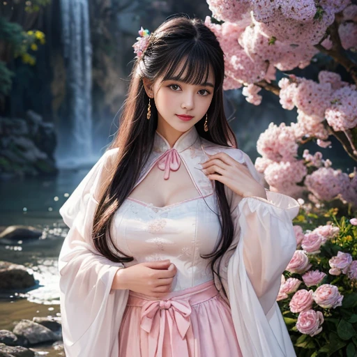 best quality, Delicate face,beautiful visual work, lifelike, eternity, black hair, Long curly hair, blunt bangs, Smile, Detailed Background, Delicate face,blush,cold,((masterpiece))、(top quality)、8k、high detail、Super detailed,21 years old female,身穿唐制Hanfu、waist skirt, Clothes are light and fluffy,Hanfu, wide sleeves, Transparent sleeves, Tunic, Clothes made of chiffon, Seductive and whimsical style、masterpiece、born、Scenes resembling fairy tale illustrations、intricate details和複雜的設計、Beautifully、magic、capricious、 Beautifully、Dream aesthetics、「𝓡𝓸𝓶𝓪𝓷𝓽𝓲𝓬、ethereal、charming、fickle、magic」、realism、Visual effects、FXAA、SSAO、Shader、voiceless、ambient lighting、Tone mapping、High resolution、Ultra high quality、Million pixels、(8K resolution:1.10)、8k、8k以下、8K resolution、high detail、intricate details, (high quality:1.2、masterpiece:1.2、:1.21)、(21 years old female:1.21)、(興奮地Smile)、(被dream般的氛圍所包圍、Model diagram,full-body shot,Normal 2 feet,Put your hands behind you,The protrusion of the breast is visible when wearing clothes, Large Breasts, H cup chest, antiquity, Xian Xia, gauze clothes, Soft and fluttering, Fairy, dream, fantasy, light, Elegant, nature, Immortal, romantic, classical, ribbon, pink clothes, By the stream, "Cross your hands and put them into your sleeves"