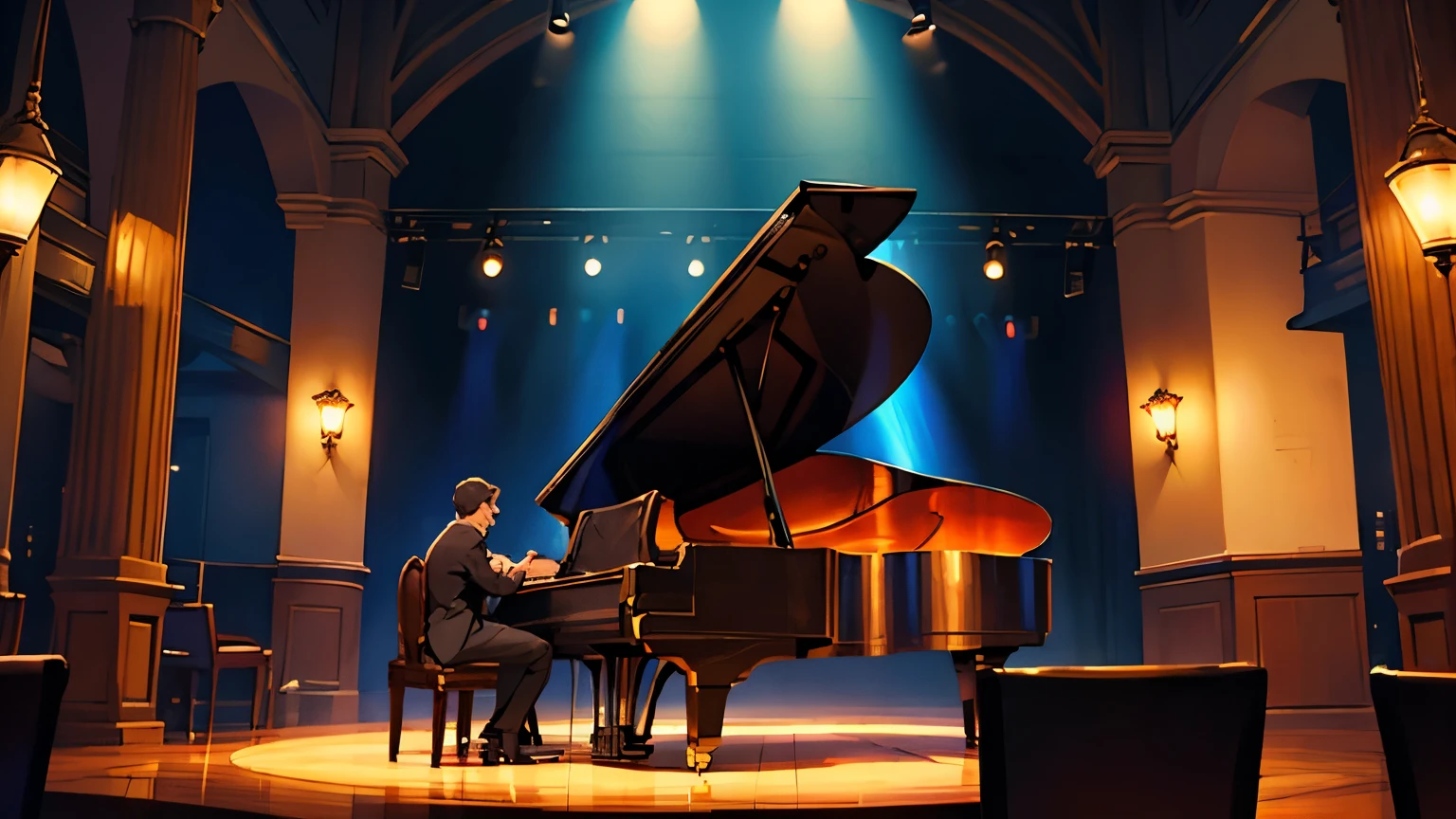 "A dimly lit jazz bar with warm, amber lights casting soft shadows on polished wood. The stage is set with a grand piano, double bass, and saxophone, ready to bring the night to life."