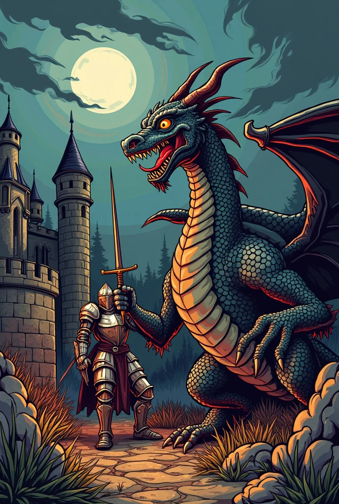 Make a graffiti drawing inspired by adventure or horror themes, using typical elements of the medieval era, like castles, dragons or knights. " in a way that I can reproduce on paper"