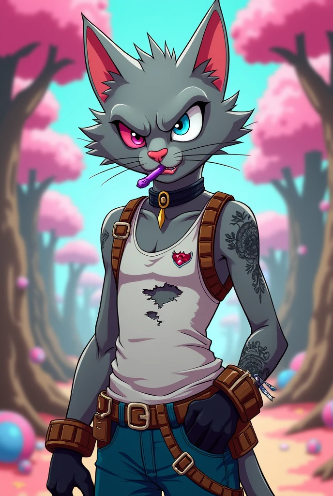 Create a high, light gray humanoid cat male thin, he has a cut over his left eye and his right ear has a tear at the tip, wearing a ripped white tank top with a pink teddy bear print, Nike high top sneakers, black gloves, a lolipop holster that carries candy, A long black pair of shorts, light blue eyes with an angry expression, He has a crazy face, he has some tattoos on his body, wears a black backpack and smokes a purple cigarette. O fundo deve ser uma floresta de doces, o personagem TEM UMA CARA DE LOUCO, CRAZY. O estilo de arte deve ser o estilo Cartoon Adventure Time.