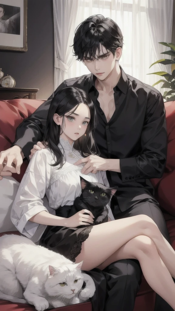 Young caucasian guy and young caucasian girl sitting on a sofa in an apartment watching TV with several cats.,black hair, Black Cat,White cat รายละเอียดสูง, ถูกต้องตามกายวิภาคศาสตร์, รายละเอียดมาก, ความละเอียดสูงสุด, โมเดลความละเอียดสูง,