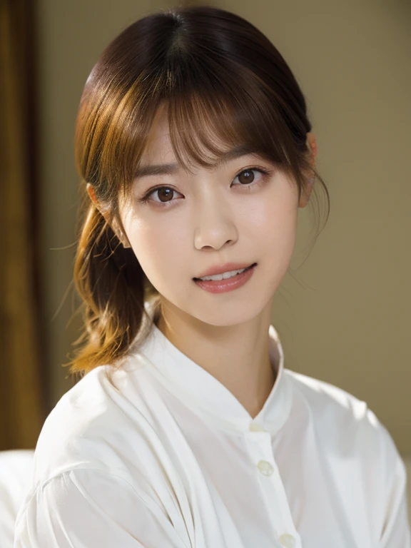 (Masterpiece, Best quality: 1.3), (Ultra realistic, Photo-realistic: 1.2), Full body, Seductive pose, Looking at viewer, Natural light, 28 years old actress, Japanese women, Beautiful thighs, Neat and clean, (Wearing white tennis uniform, White short-sleeve polo shirt:1.1), (unbutton:1.2), (Wearing White tennis pleated skirt:1.1), Wearing white sock, (ponytail: 1.2), Short wavy hair, Light brown hair color, (Beautiful Face), Oval face, clear, Beautiful eyes, Kind eyes, Bedroom eyes, (Clear skin), Natural makeup, Small face, Small mouth, Beautiful mouth, Approachable, Hotel Suite room,On bed, Seductive smile,