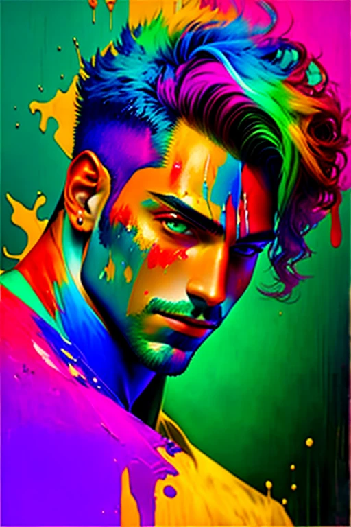 
High quality portrait of an attractive guy ! The Magic of Creating Portrait Art Masterpieces ! All paint colors, poured onto canvas, magically move and mix., turning into a stunningly beautiful portrait ! A whirlwind spins the poured bright ink onto the canvas . the bright and contrasting colors are simply stunning . our imagination - creating a masterpiece in the style of Alberto Seveso !!