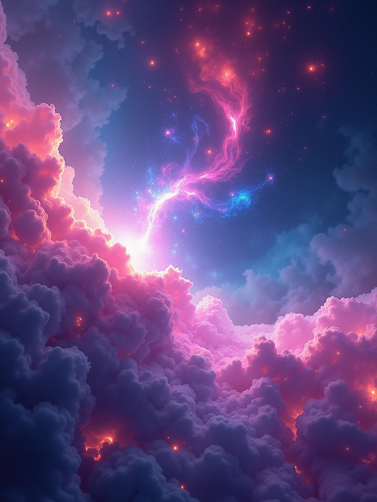 It includes fantastical elements and nebulae patterns, cool dynamic light, spot and streamer effects, dynamic particle effects, bright neon colors (such as electric blue, purple and bright orange), simple and modern layout, in line with the aesthetic trend of the web platform. No people, no streets