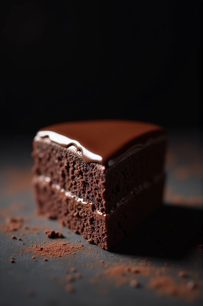 cinematic film still chocolate, chocolate cake, dark background, quality photo, moist texture, frosting, studio photo, slice . shallow depth of field, vignette, highly detailed, high budget, bokeh, cinemascope, moody, epic, gorgeous, film grain, grainy