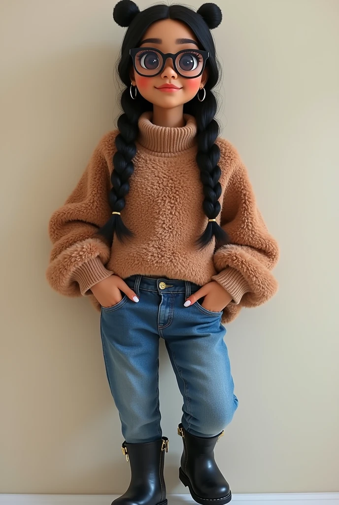 Create a 22 year old girl brown sweater fluff, jean pants, black boots, dark black hair and with black braids and with more glasses