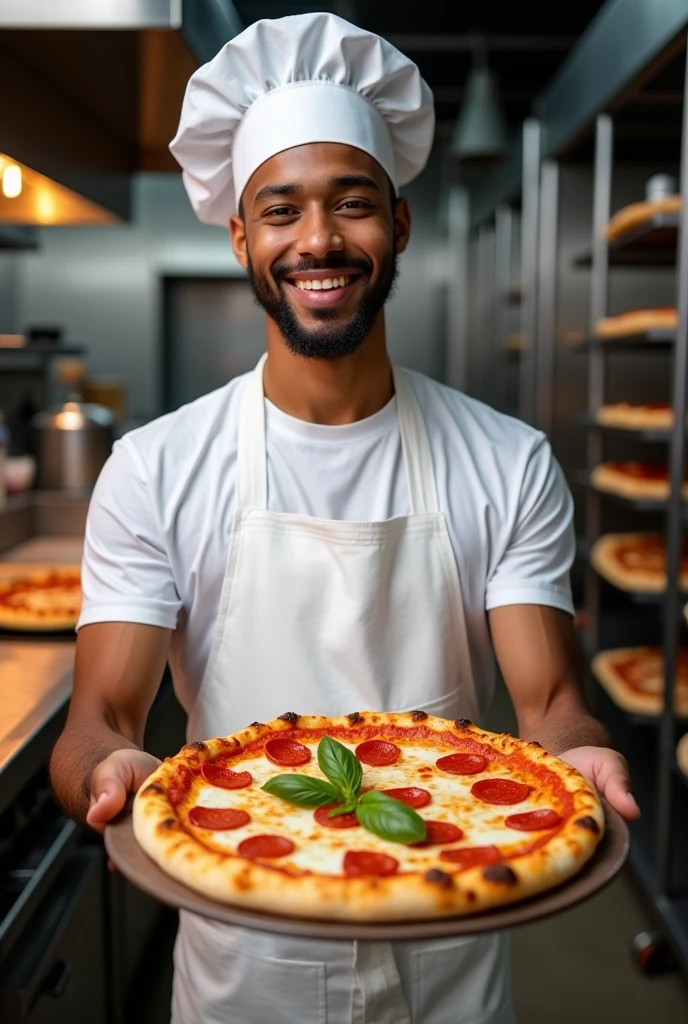 Young black man pizza chef holding a pizza
