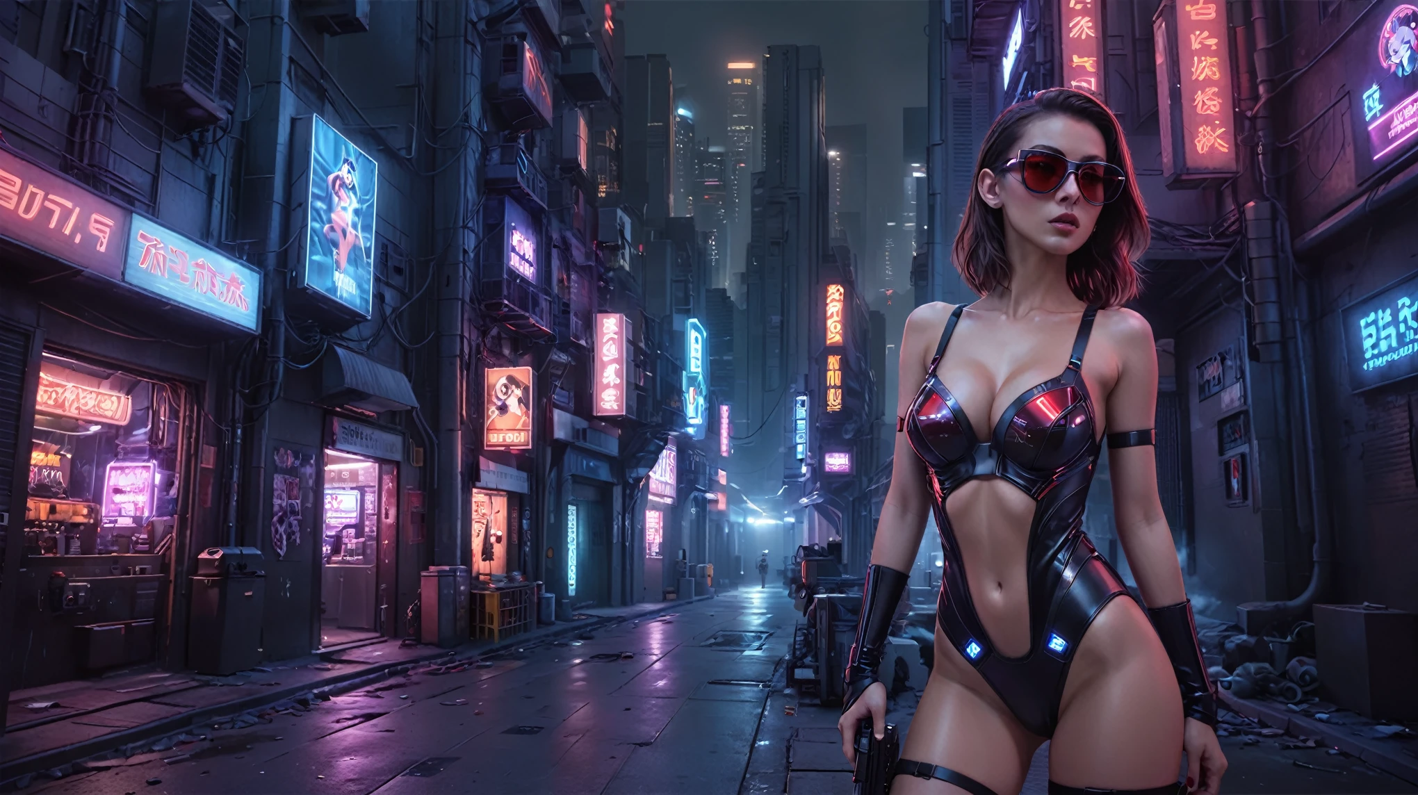 There's a cyborg woman (8k) wearing a futuristic leotard (best quality), aerial view of a cyberpunk city alley at night, (a monkey sitting on her shoulder), darksynth aesthetic, red neons, haze, foggy night, ultra detailed, photorealistic, (1girl, solo, alone), large-breast:1.2 slim body, cleavage:1.1, (black sunglasses), (holding a pistol), dynamic pose, half-body thigh level medium shot, cinematic lighting, ray tracing.