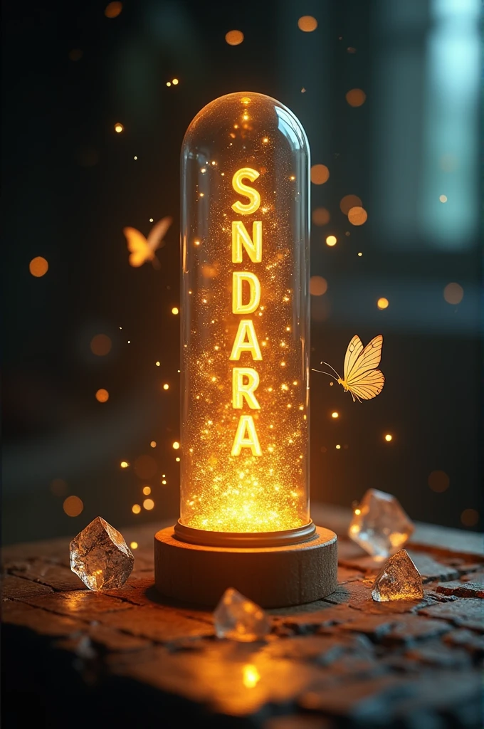 A glowing glass tube with the name ‘SUNDARAM‘ inside, illuminated by a warm golden light. The tube is lying on a textured surface, with a delicate, transparent butterfly hovering nearby. The background is dark, with a spotlight effect creating a mystical ambiance. Tiny light particles float in the air, adding to the enchanting atmosphere. Broken glass pieces around the tube reflect the light, enhancing the magical feel.
Join Telegram