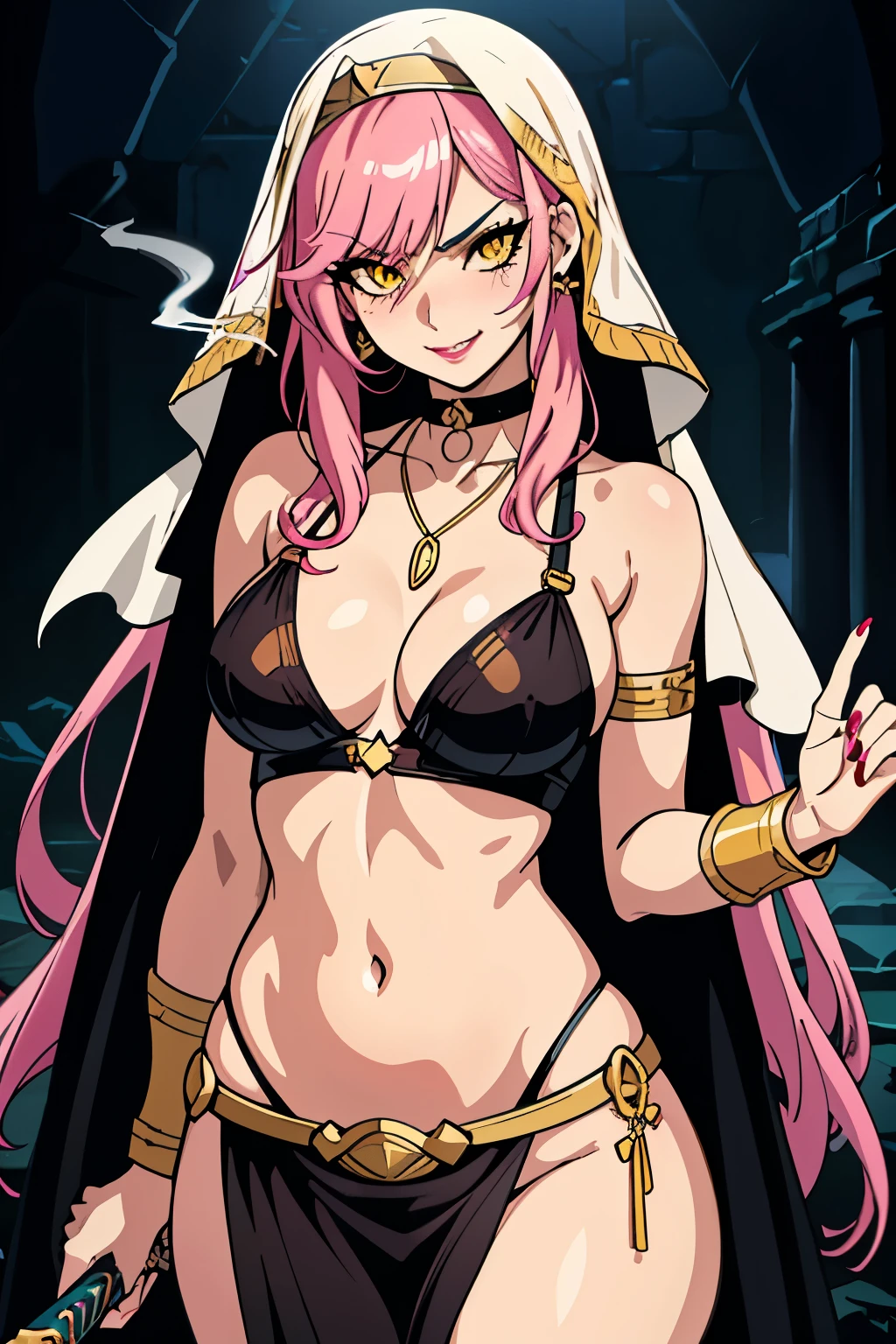 1girl, long hair, pink hair, multicolored hair, yellow eyes, choker, necklace, lipstick, blush, Hot girls, baddie, staring, glaring, bad attitude, mean girl, crazy, smoking, sensual, attractive, masterpiece, best quality, highly detailed ,glint,halterneck,gold_choker, complex detailed background,
inside, stone wall, ancient interior, ancient egyptian room, hieroglyphs, dark lighting, dark
atmosphere, (cowboy shot), holding a sword, sword, belly_chain,harem_outfit,navel, necklace,
pelvic_curtain,revealing_clothes, veil,masterpiece,best quality,1girl,mature,evil smile, smile,
female,mature,necklace,pendant, (nsfw) not safe for work, exposed belly, exposed navel, exposed
midriff, exposed lower belly,