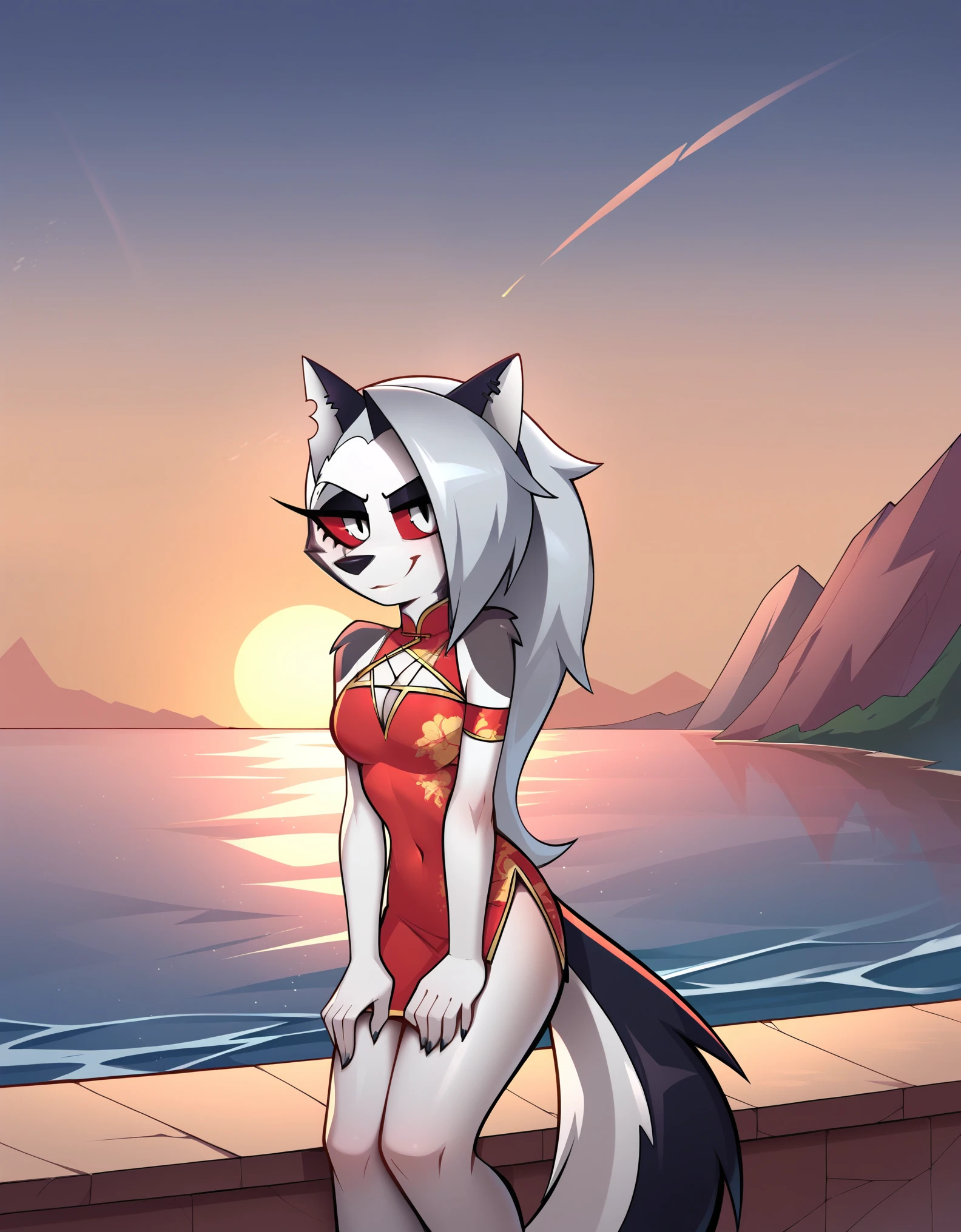 score_9_up, score_8_up, score_7_up, rating_safe, loona(jizokumode), hellhound, red sclera, loona \(helluva boss\), cheongsam, happy, wide eyed, sunset, cliff, ocean, hands on thighs, 5 fingers,