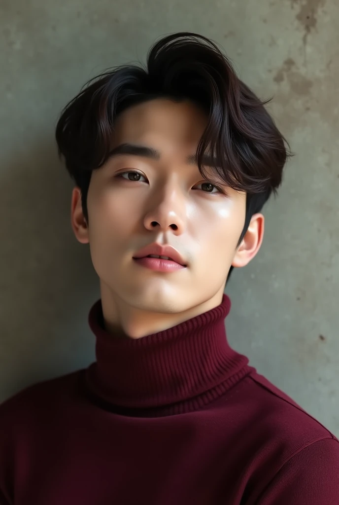 Handsome young Korean idol in wine-colored turtleneck with brown hair 