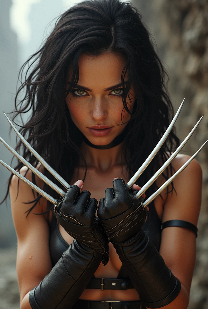 X-23 From X-Men with Wolverine claws coming out from between Her Knuckles and Hairy Arms