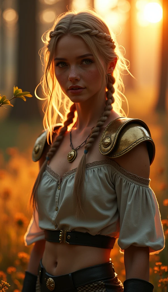A valkyrie with a blend of traditional Scandinavian features and a casual 'girl from the next block' attire, set against a cozy forest clearing at sunset. She has braided hair, freckles, and wears a simple necklace with a softly glowing pendant. The scene is illuminated by warm sunset tones, with rays filtering through the trees, creating a serene and magical atmosphere. Add a hint of golden armor on her shoulders to enhance her Valkyrian essence. The artwork should be a digital illustration created with Unreal Engine 5, showcasing a 32k maximalist hyper-detailed fantasy art with 3D digital art elements. The valkyrie should be in sharp focus, looking at the viewer with cinematic lighting, stunning beauty, and a color palette of warm sunset hues. The view is from below, with an emphasis on her hips, capturing an epic and majestic stance. Ensure all her outfit is visible and add a touch of glamour magazine style to the overall composition.
