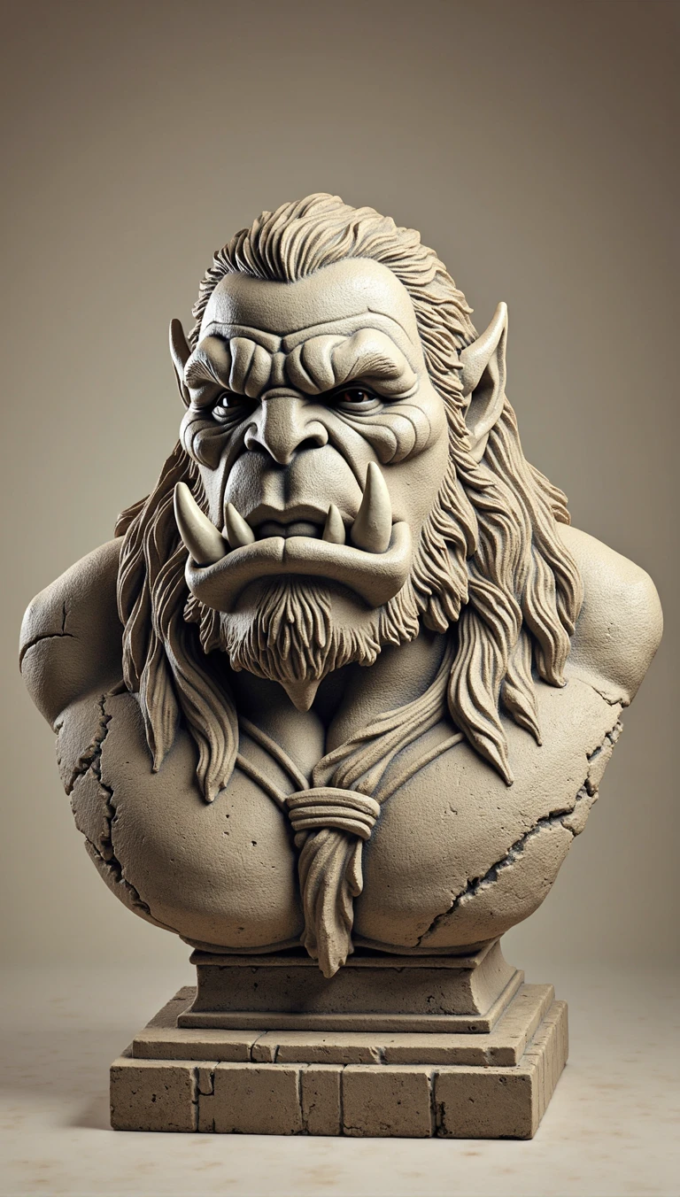 a stone bust sculpture of an orc with a pedestal, detailed facial features, intricate textures, dramatic lighting, gritty realism, chiaroscuro shading, muted earthy tones, cinematic composition, muscular powerful figure, menacing expression, stone carved surface details, ornate pedestal design, masterpiece, ultra-detailed, award-winning digital art