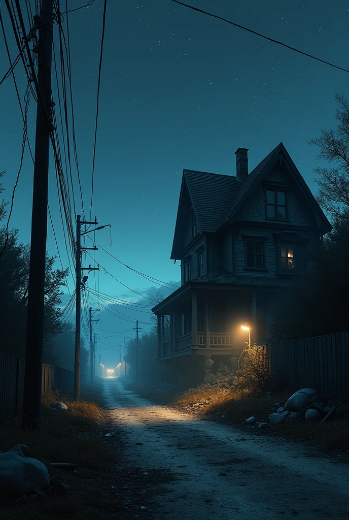 Deserted street in space, Darkening, with a scary house,