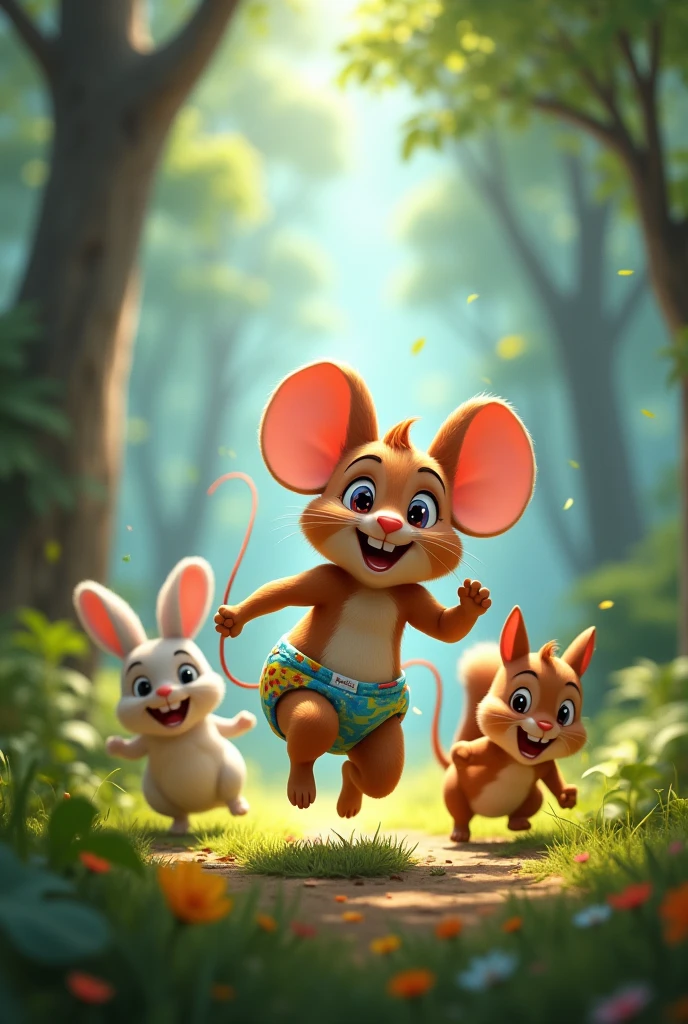 Tico the diaper mouse , Zezé your rabbit friend, and Lili her squirrel friend running together in the forest, rindo e se divertindo. Tico is smiling with confidence, his colorful diaper swinging as he runs happily.