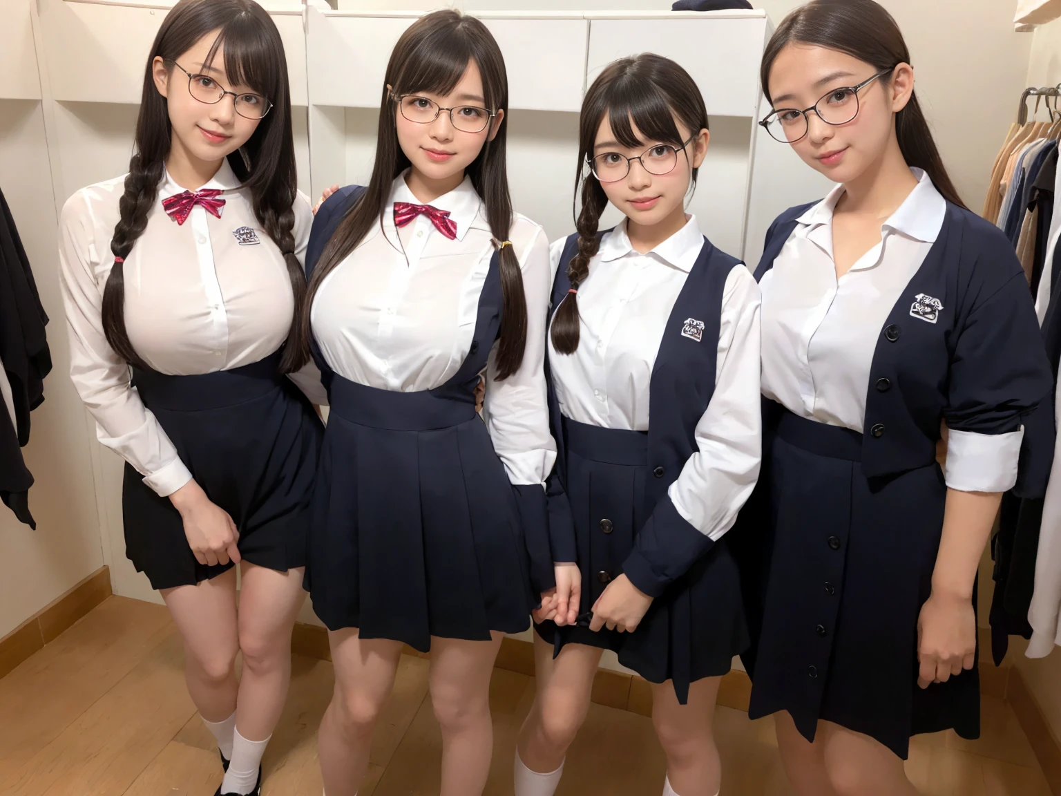 masterpiece, Highest quality, figure, Very detailed, The finer details, High resolution, 8k,wallpaper, Perfect dynamic composition,(Detailed high quality, Realistic depiction of eyes:1.3),(A tight-fitting waitress uniform with buttons on the collar and chest), Seraphim, The background is an empty changing room, Deep in the field, Black hair color, Big Natural Color Lip, (Perfect figure), (smile)、Harajuku Style, Adorable expression、Expressions of happiness、Amazingly cute、Cute type、Beautiful feet, Idol Sculpture、(Changing clothes in the changing room:1.5)、(In the process of taking off clothes:1.5)、Braid、Glasses、Big Breasts
