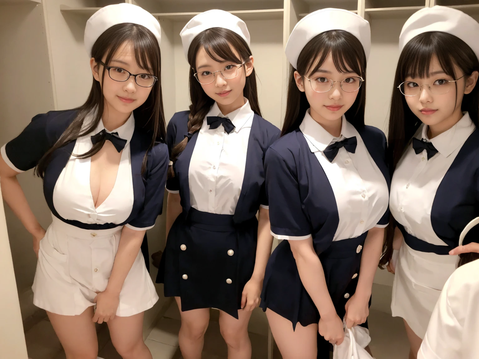 Highest quality、masterpiece、8K、Very detailed、Realistic、(Two Girls)、(Looking at me with a mischievous smile)、whole body、Small face、Narrow shoulders、(Big Breasts:1.2)、Thin and beautiful legs、Tight and slim waist、 tight-fitting, one-piece cabin attendant uniform with buttons and a collar:1.2)、(Tight mini skirt:1.1)、Short Hair、(Erect nipples:1.1)