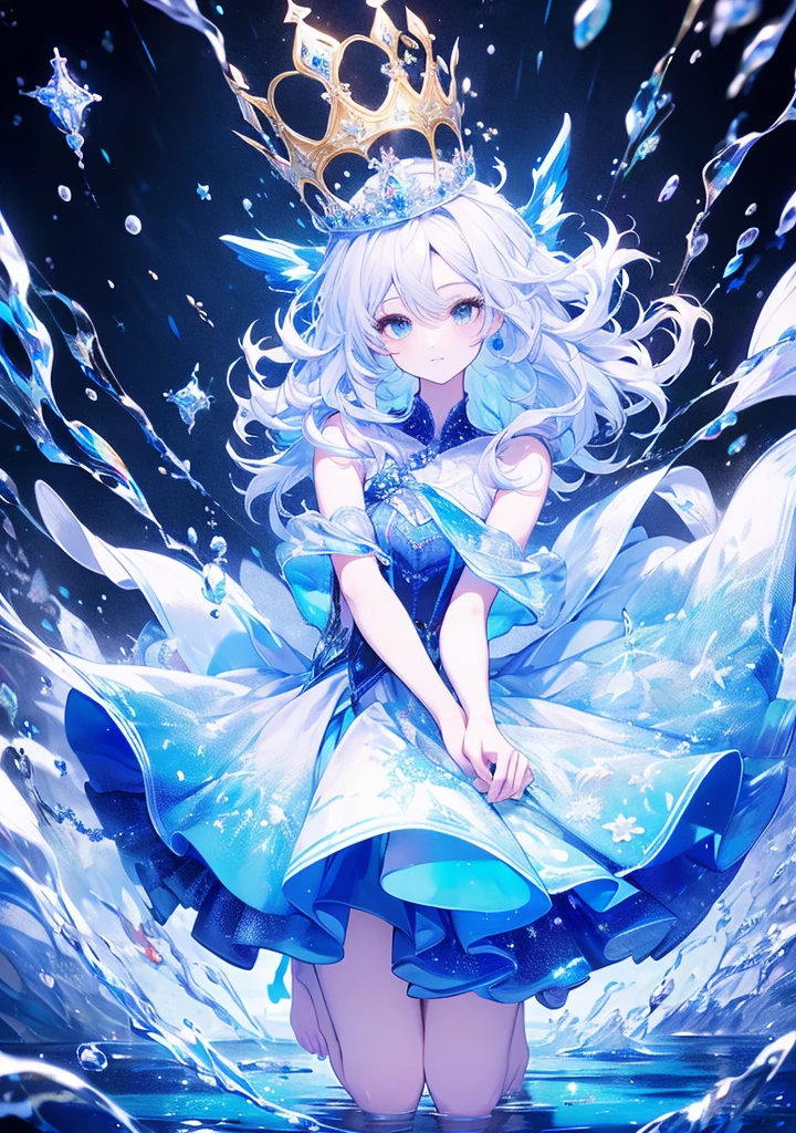 masterpiece,The best quality at its best,One person girl,alone,ice,Blue Skirt,Princess,noble,Indifference,There was a hint of sadness in his eyes,Gorgeous,barefoot,Blue and white gradient hair,Floating on snowy water,crown