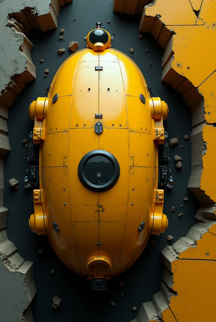 A small capsule-type spacecraft,Wingless,yellow,The window is small and you can see outside.,Precision machinery can be seen through gaps in the exterior,