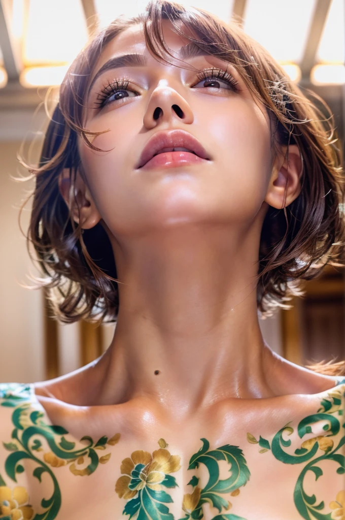 ((Looking straight ahead)), ((Glaring at the viewers)), ((Watching the audience)), ((There is a woman looking up at something)), ((Beautiful 20 year old Filipina girl)), ((big nostrils)), ((Wide nostrils)), ((Longitudinal nostrils)), ((Large Breasts)), ((bare shoulders)), ((bare clavicle)), ((Sunburned skin)), ((black bondage)), ((dominatrix)),((Extreme low angle)), ((Voluminous Hair)), ((face closeup)), ((Bodybuilder)), ((Very muscular shoulders)), ((Filipino facial features))、((Blonde Hair, Brown Hair: 1.2)), ((shoulder length bob hair))、masterpiece, best quality, ultra detail, photography, HDR, ROW photo, extremely detailed face and eyes, ((Very angry)), ((indoor)), ((Luxurious Room))、((Exposed Skin))、Beautiful Skin、Smooth Skin、Clear skin、Clear skin、
