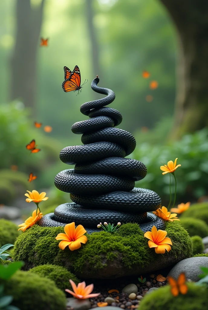 In a lush, green environment, a black cobra gracefully wraps itself around a Shiva Lingam, which is adorned with vibrant flowers and soft moss. The scene is filled with the gentle movement of butterflies, creating a harmonious blend of spirituality and nature's beauty, evoking a deep sense of peace and reverence."