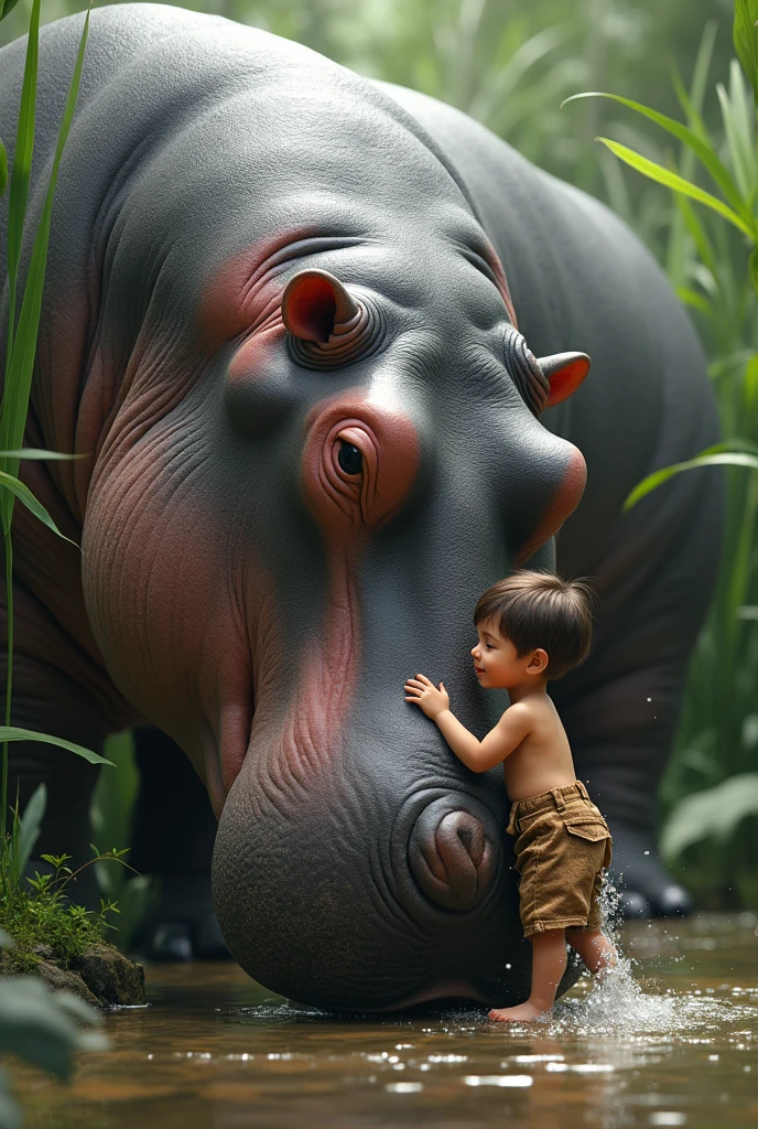 A giant hippo is playing with a boy