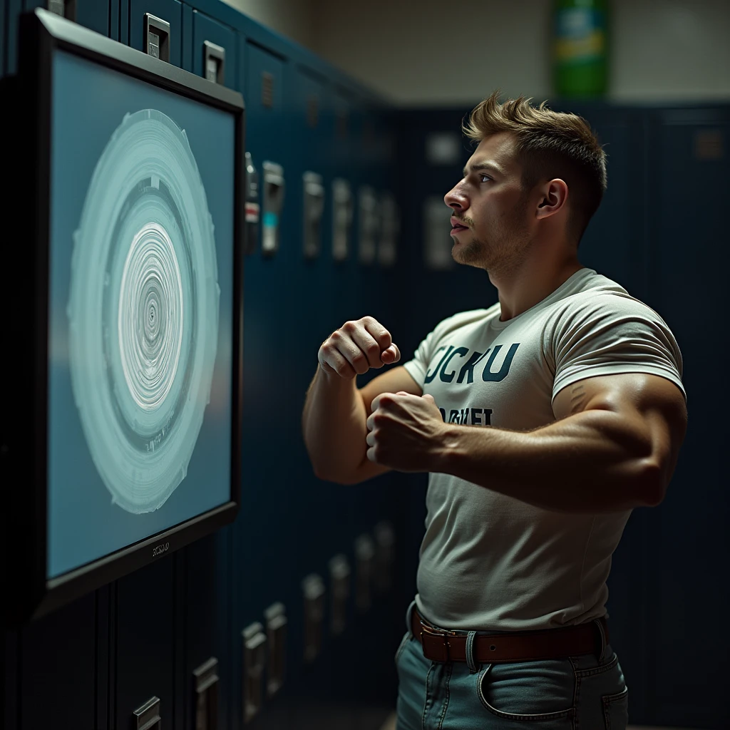 Young male college student Wearing a shirt that says JOCK-U as a big dumb muscular bodybuilder football jock bro flexing and staring blankly into a monitor displaying a hypnotic spiral under hypnosis in a locker room as he repeats, "Bigger... Dumber.... Just a big ... dumb ... jock. Huhuh.... Wut up , bro?" in a deep voice. Hyper swollen crotch bulge. Sweating. Mouth hanging open. Hyper muscles. Big biceps. Big triceps. Broad shoulders. Big traps. Big lats. Big meaty pecs. Brainwashing. Hypnosis. Hypnotized. Bro. IQ drain. Sweaty. Stereotype. Hypnotic trance. Entranced. Brainwashed. meathead. Musclehead. mindless. brainless. 