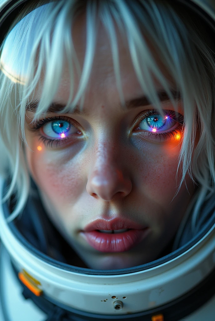 (Close-up of a better masterpiece:1.5)0.9], (Space and astronauts:1.2) (Messy silver hair:1.1) (Heterochromia xanthochromia and blue eyes:1.2) (Space Helmet:1.0) (Colored stars in the eyes:1.0) (A radiant glow:1.1) (thick lips:0.9)