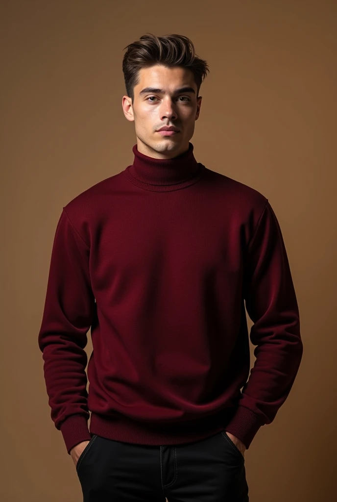 Young American Idol Handsome in wine-colored turtleneck with brown hair
