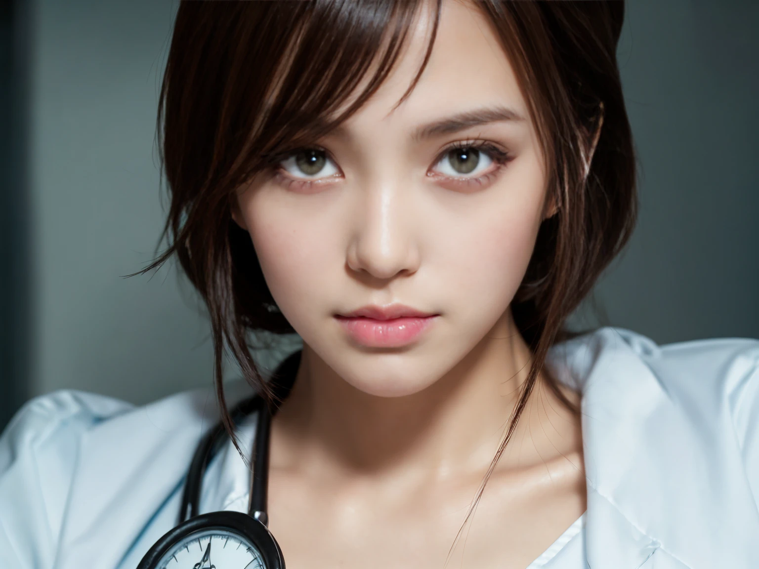 masterpiece, Highest quality, figure, Very detailed, The finer details, High resolution, 8k,wallpaper, Perfect dynamic composition,(Detailed high quality, Realistic depiction of eyes:1.3),(A tight-fitting nurse's uniform with buttons on the collar and chest), Seraphim, The background is an empty changing room, Deep in the field, Black hair color, Big Natural Color Lip, (Perfect figure), (smile)、Harajuku Style, Adorable expression、Expressions of happiness、Amazingly cute、Cute type、Beautiful feet, Idol Sculpture、(Changing clothes in the changing room:1.5)、(In the process of taking off clothes:1.5)、Braid、Glasses、Big Breasts