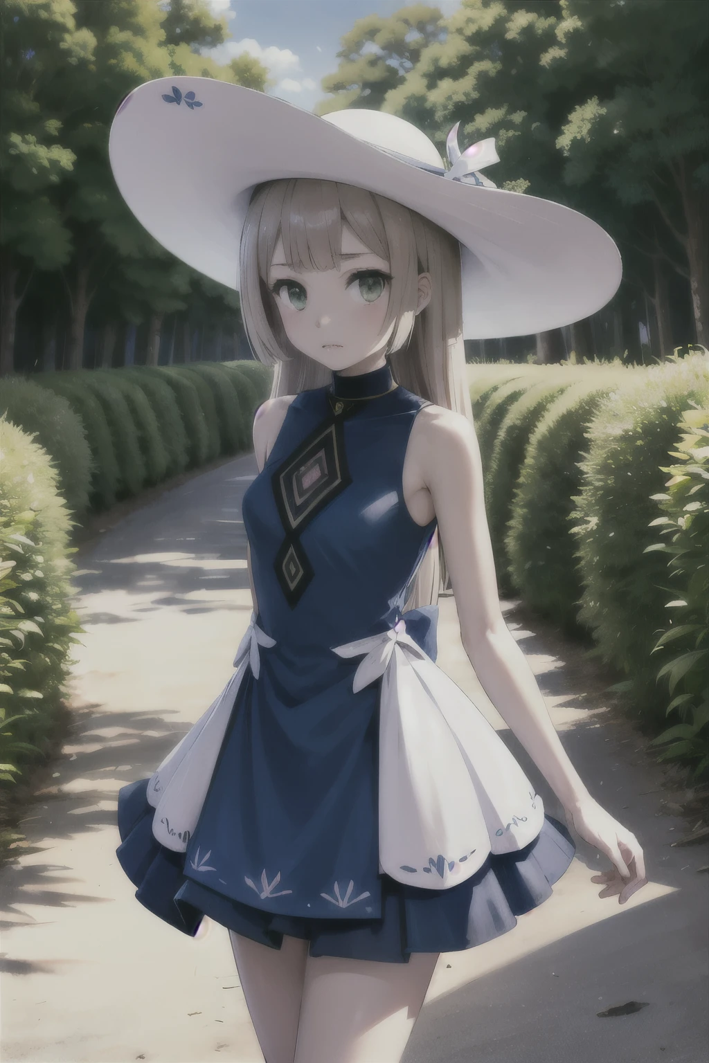 1 girl, masterpiece, (detailed background), Best Quality, absurdities, looking at the viewer,
forest path, field, grass, dirt road, wooden fence, blue sky, clouds, (sakura trees), sleeveless, exposed shoulders,
lilia, White dress, white sun hat, white ribbon, frown, expressionless,