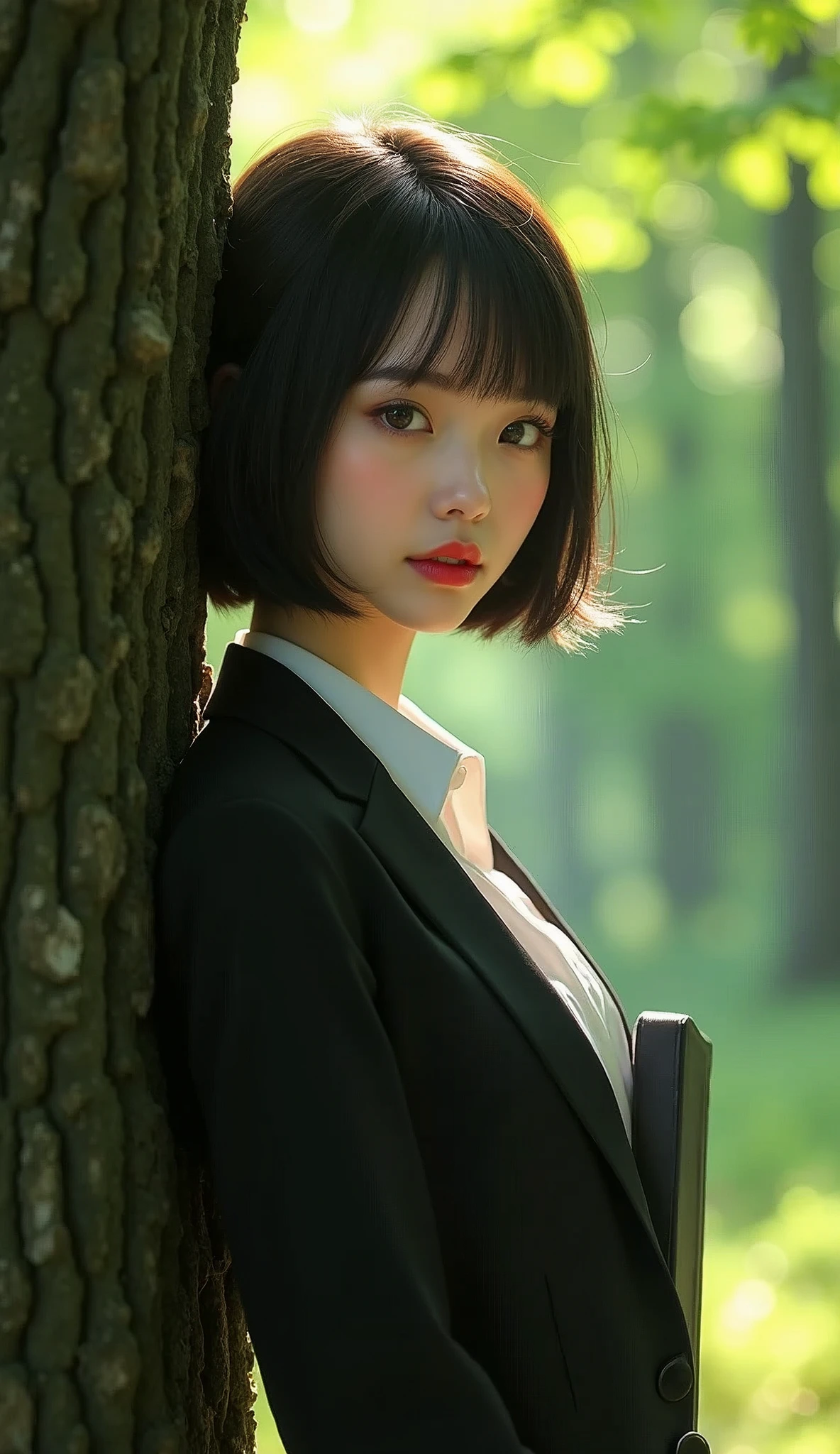 ((RAW photo), absurdities, (absurdresolution)), masterpiece, best quality, (Extremely detailed CG unity 8k wallpaper), (best illustration), (best shadow), Realistic lighting, beautiful detailed glow, ((21 years old)), the prettiest girl, serious, formal, formal cropped black hair, deep grey eyes, makeup, beauty queen, accessories, closed laptop under her arm, ((ultra sharp pupils, red lipstick, blush)), ((full view, maple forest, leaning on trunk)), (formal pants, jacket, shirt, women's tie), looking at viewer, (((Photographic Perspective, FROM BELOW)))