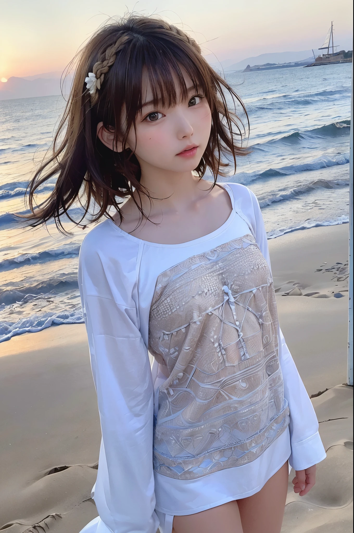 (8k、masterpiece, Highest quality, High resolution,Super Resolution,Very detailed)、(sand of the beach)、 (Face shot:1.23)、1 girl、、Round face、slim、(Flat Body:1.45)、cute、, Cinematic、(Hair blowing in the wind:1.5)、sunlight、Skin and hair texture details、Realistic details、(Blonde)、(Zentangle Shirt)、