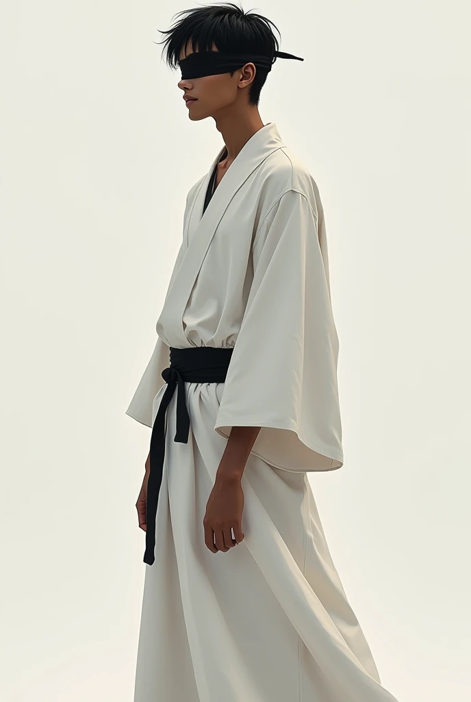 Create a brown-skinned man, 18-years old, black blindfold,Bblack hair, with 1,80 tall weighing 60 kilos, wearing a white kimono