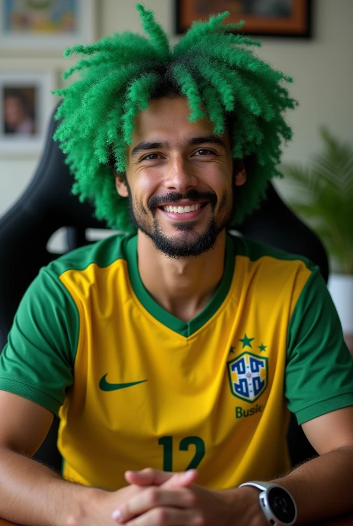 Um homem brasileiro, hair green, Corinthians shirt, sitting in a desk chair