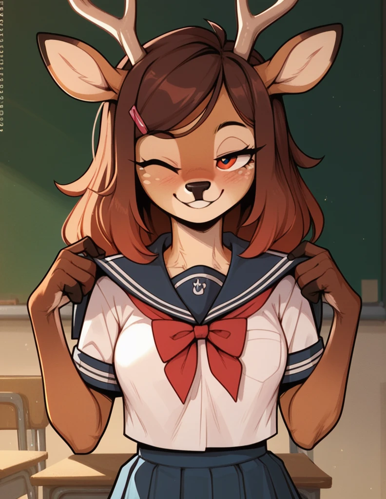 Half-closed eyes, smug smile , 1girl, anthro, furry, fur, fluffy fur, deer girl, trying to lift her school uniform, one closed eye, school background, score_9, score_8_up, score_7_up, score_6_up, score_5_up, score_4_up