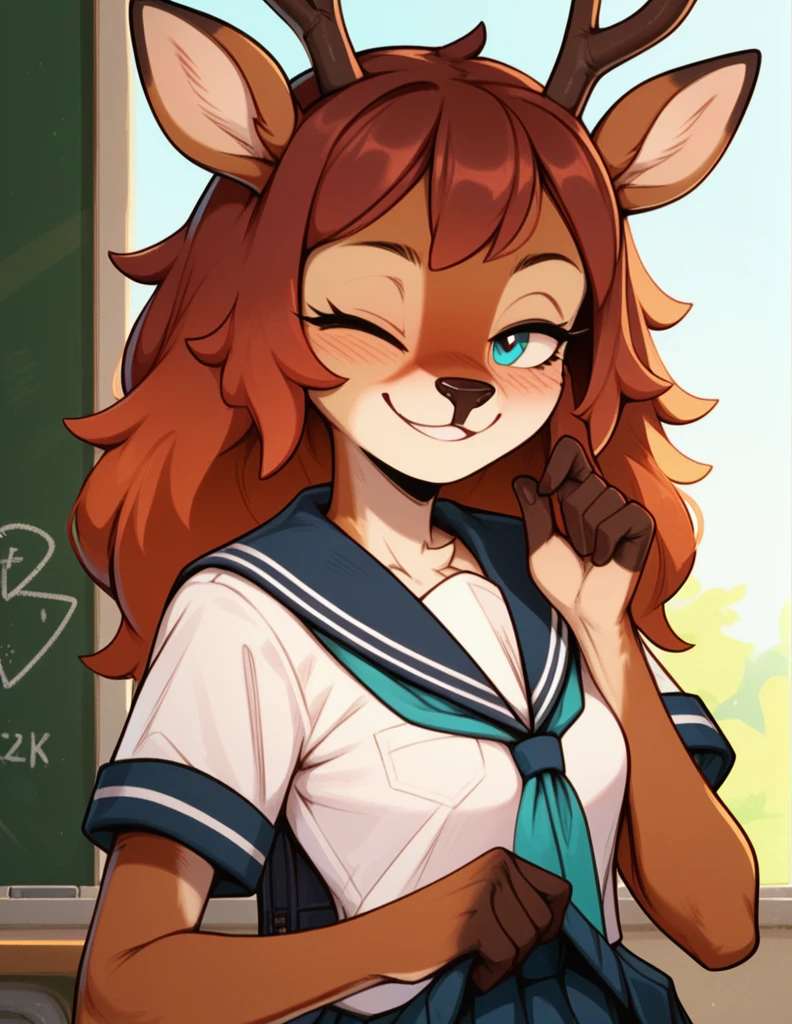 Half-closed eyes, smug smile , 1girl, anthro, furry, fur, fluffy fur, deer girl, trying to lift her school uniform, one closed eye, school background, score_9, score_8_up, score_7_up, score_6_up, score_5_up, score_4_up