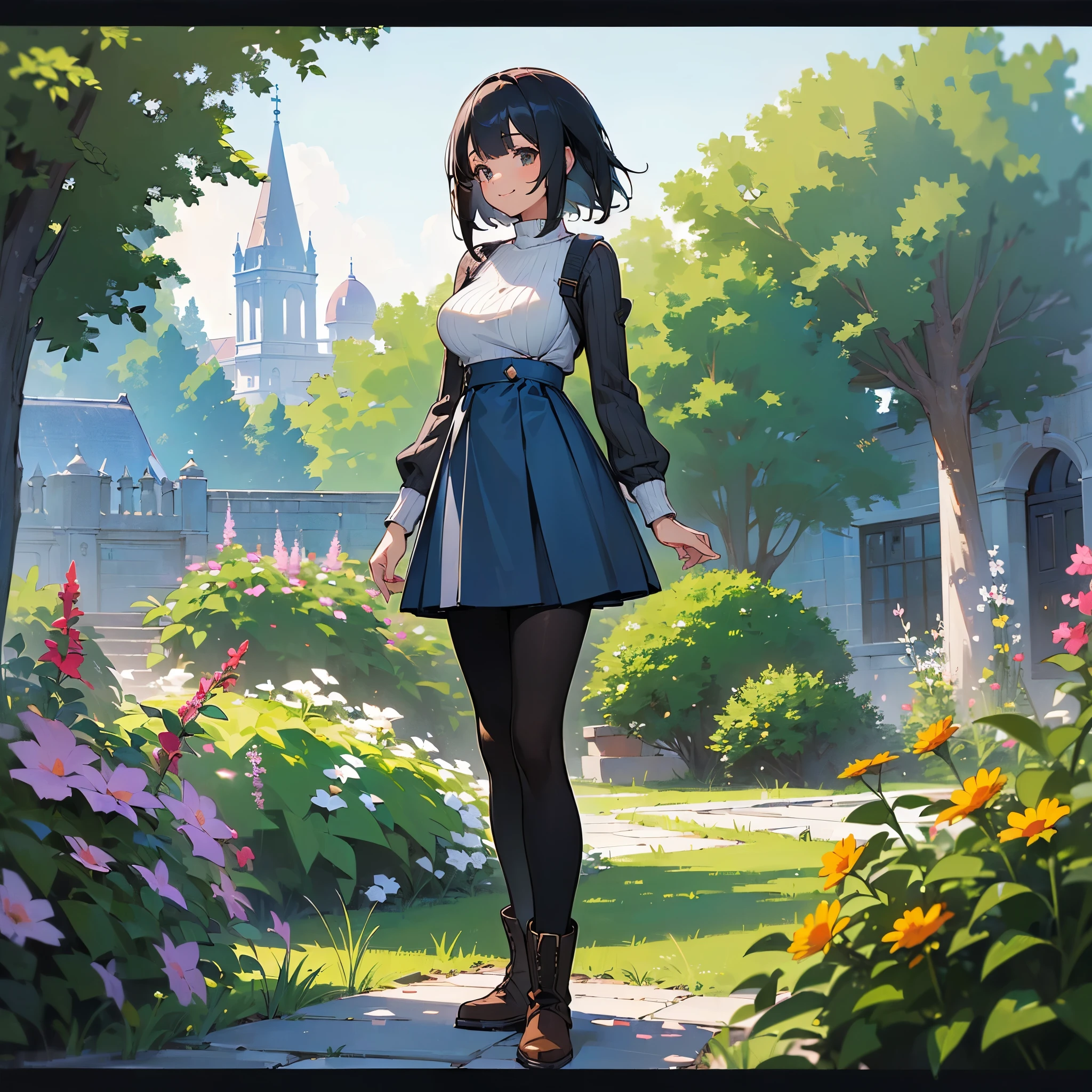 (high quality, High resolution, Very detailed, reality:1.37), Peaceful atmosphere, (Outdoor, garden),  girl standing alone, (my breasts are big.), Beautiful details, Cute Smile, (Black bob hair), Ribbed sweater, Blue Skirt, Black tights, Brown boots.