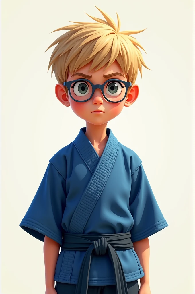 Light-eyed boy, Grey glasses, short blond, stark , 10 anos de idade, blue judogi, blue sash, PIXAR type
