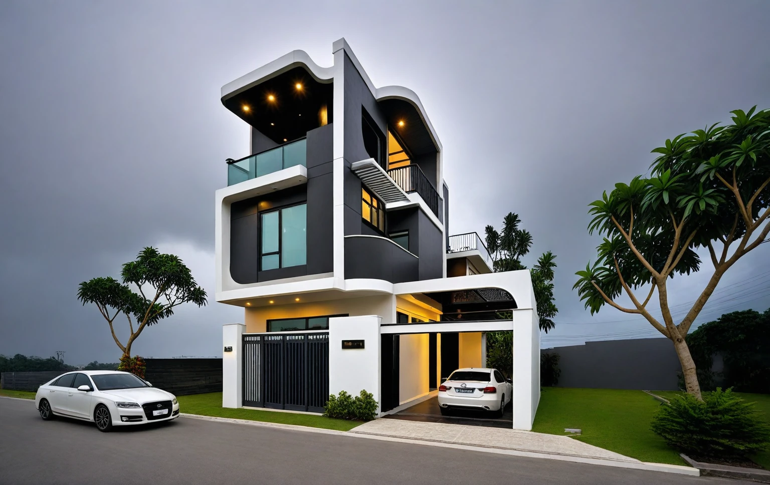 RAW photo, a photo of a modern house, (curvilinear chrchitecture:1.4), Wabisabi style rounded wall, white wall, steel dark gate, sidewalk, sidewalk trees, ((grey gate:1.2)), road, viet nam modern residence, ((architectural shot)), rough white wall, new residential area, wide angle exterior 2022, contemporary house, exterior photography, masterpiece, contemporary architecture, overcast, indirect lighting