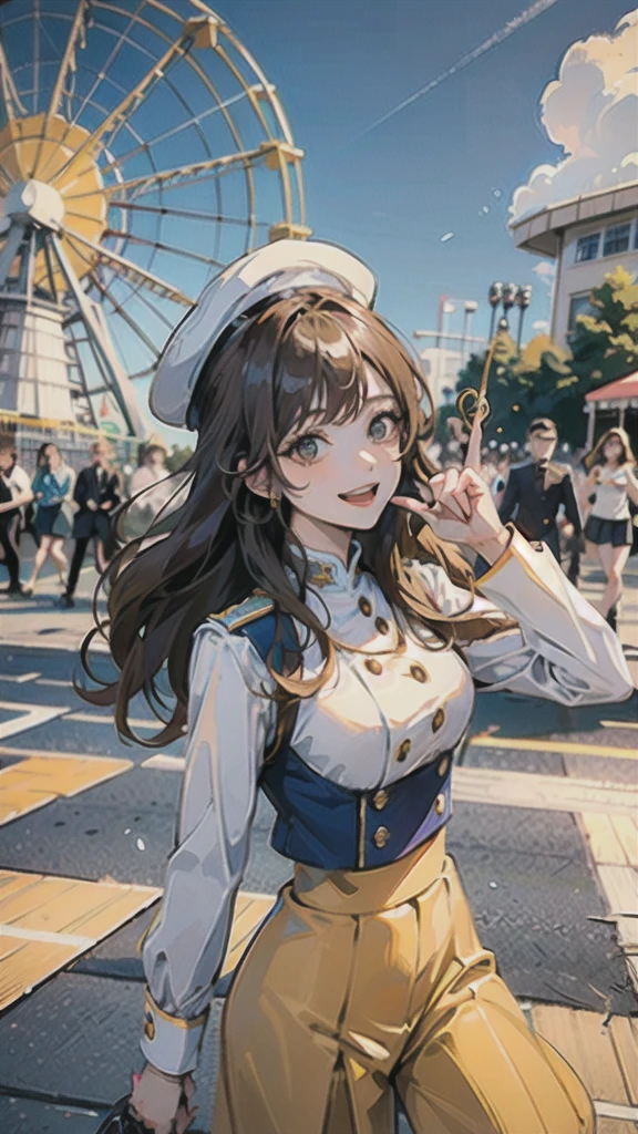 (masterpiece , best quality), (Lively and cheerful marching scenery),
dynamic angle, best photo pose, glamour shot of girl,
(vibrant marching and performance in amusement park), ride, Ferris wheel, wearing modern and colorful Marching Band Uniform, marching band cap, (regular finger),