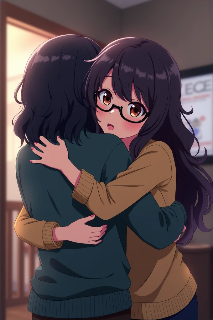 A girl in the style of boku no hero academy with long wavy dark purple hair and brown eyes with black glasses in casual clothes hugging the character Lady Nagant in a room