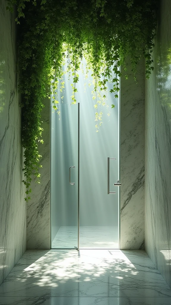 Fantastic shower room with marble walls and ceiling.Green ivy hangs from the ceiling and modern metal fixtures can be seen behind glass doors.With light streaming in and fog rolling in, the image expresses a mysterious atmosphere that blends the natural with the man-made."