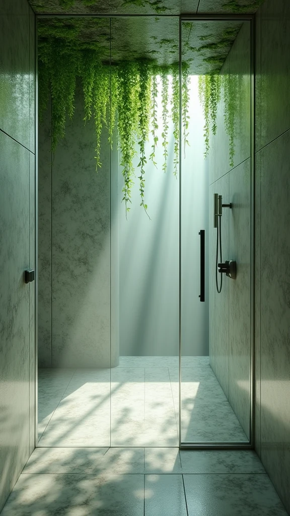 Fantastic shower room with marble walls and ceiling.Green ivy hangs from the ceiling and modern metal fixtures can be seen behind glass doors.With light streaming in and fog rolling in, the image expresses a mysterious atmosphere that blends the natural with the man-made."
