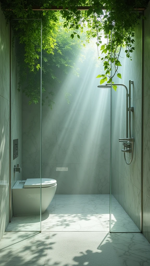 Fantastic shower room with marble walls and ceiling.Green ivy hangs from the ceiling and modern metal fixtures can be seen behind glass doors.With light streaming in and fog rolling in, the image expresses a mysterious atmosphere that blends the natural with the man-made."